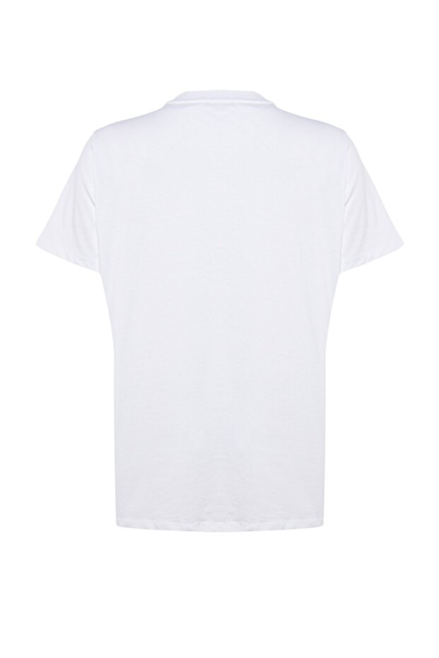 Beyaz Lacivert Yakası Ribanalı Relaxed %100 Pamuk Örme T-shirt TBBSS23BF00019 - 7
