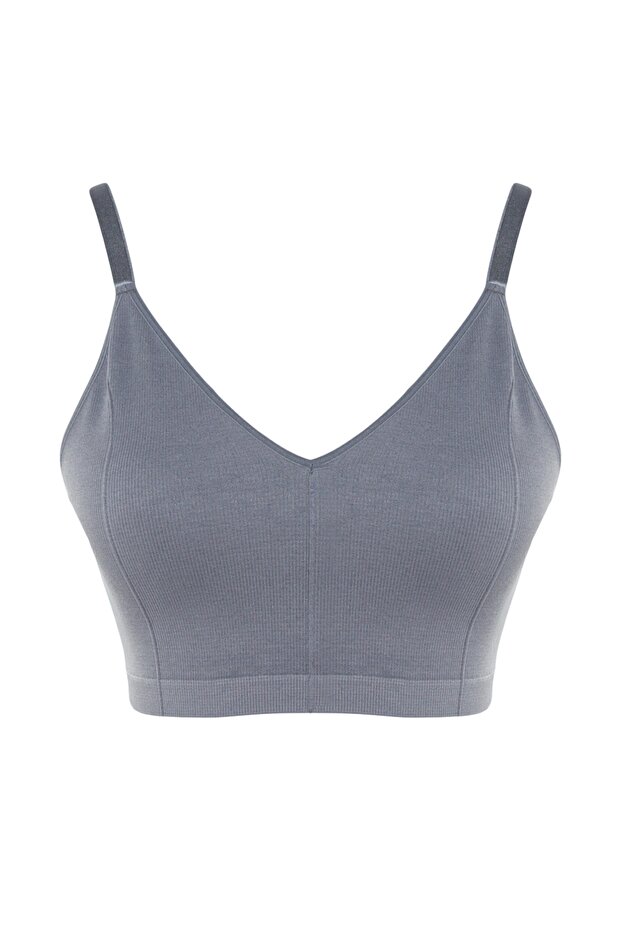 Gri Askılı Seamless/Dikişsiz Balensiz Kapsız Esnek Bralette Örme Büyük Beden Sütyen TBBSS23CW00001 - 9