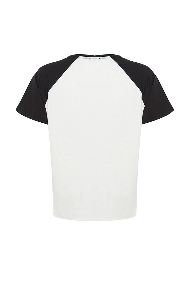 Ekru Renk Bloklu Baskılı %100 Pamuk Örme Büyük Beden T-shirt TBBSS23BF00014 - 7