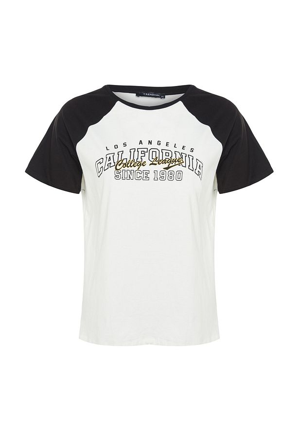 Ekru Renk Bloklu Baskılı %100 Pamuk Örme Büyük Beden T-shirt TBBSS23BF00014 - 8