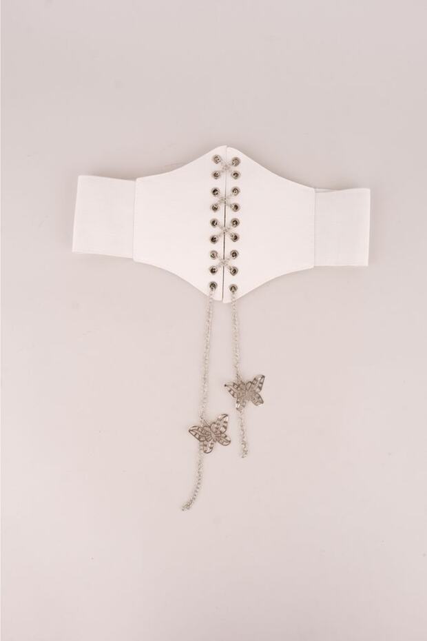 Women's Elastic Corset Belt Silver Butterfly And Chain Lace-up Elastic Belt Dress Belt Waist Belt