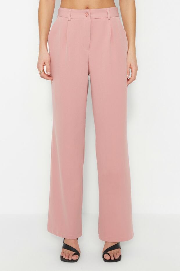 Gül Kurusu Yüksek Bel Wide Leg/Geniş Paça Pilili Dokuma Kumaş Pantolon TWOAW21PL0076 - 4