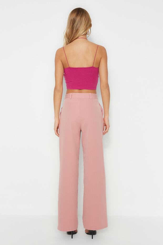 Gül Kurusu Yüksek Bel Wide Leg/Geniş Paça Pilili Dokuma Kumaş Pantolon TWOAW21PL0076 - 6