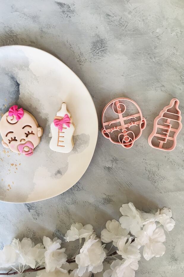 Baby And Baby Bottle Pink Set of 2 Dough Shaper/cookie Mold/ceramic/polymer Clay/candy