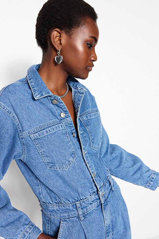 Mavi Bel Detaylı Denim Tulum TWOAW23TU00065 - 4