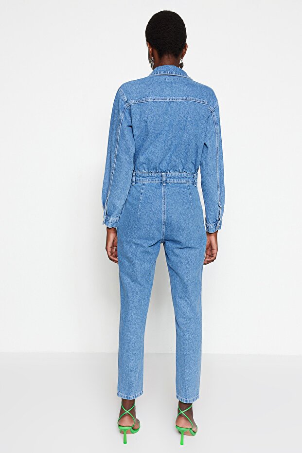 Mavi Bel Detaylı Denim Tulum TWOAW23TU00065 - 8