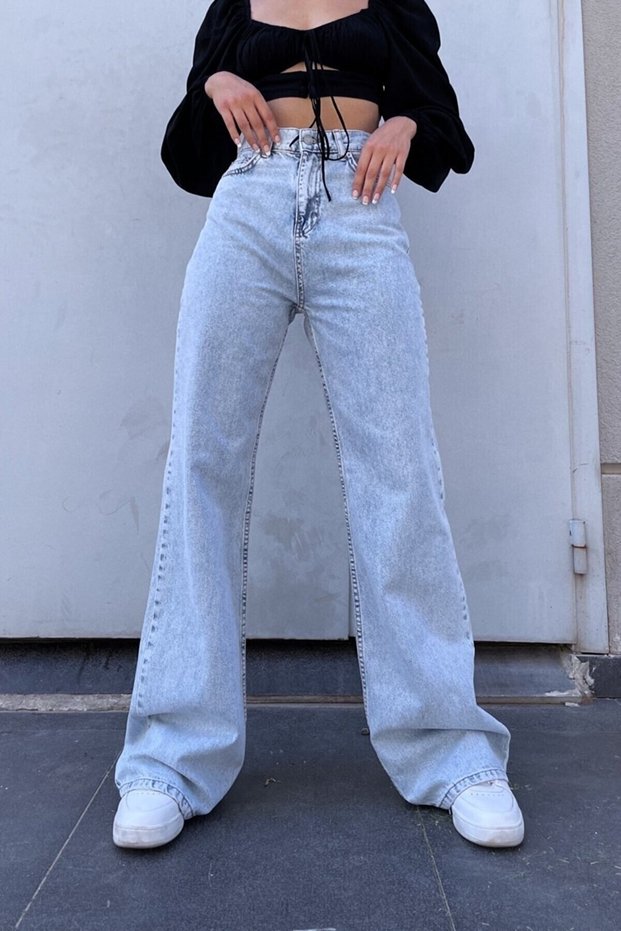 All Blue Ice Snow Loose Lycra Women's Blue Super High Waist Loose Leg Denim Jeans Palazzo Trousers