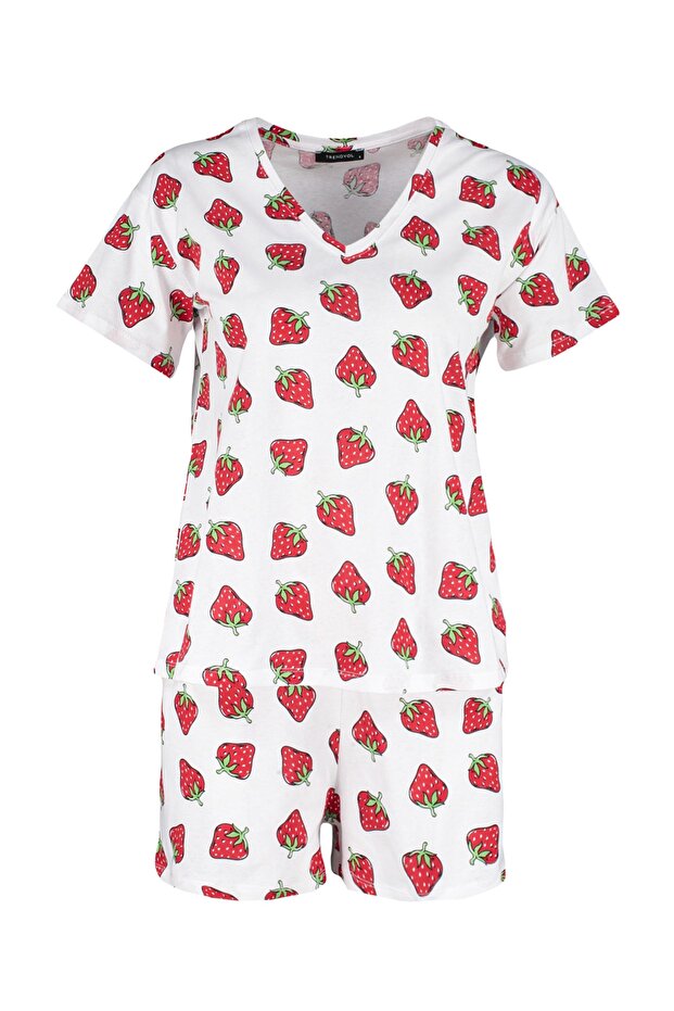 Beyaz %100 Pamuklu Çilek Desenli Şortlu Örme Pijama Takımı THMSS23PT00013 - 7