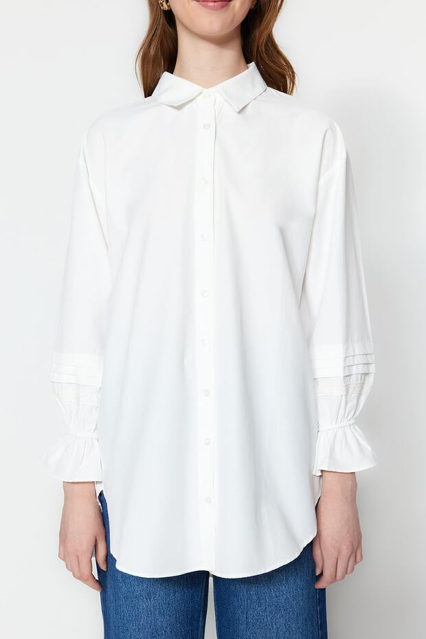 Ekrü hímzett pamut ing TCTSS23TG00033 - 4