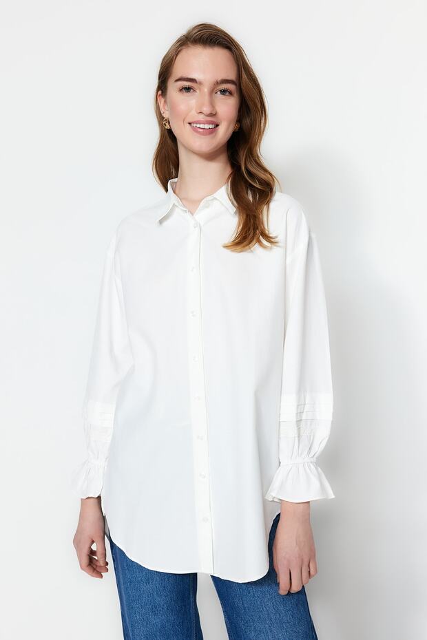 Ekrü hímzett pamut ing TCTSS23TG00033 - 2