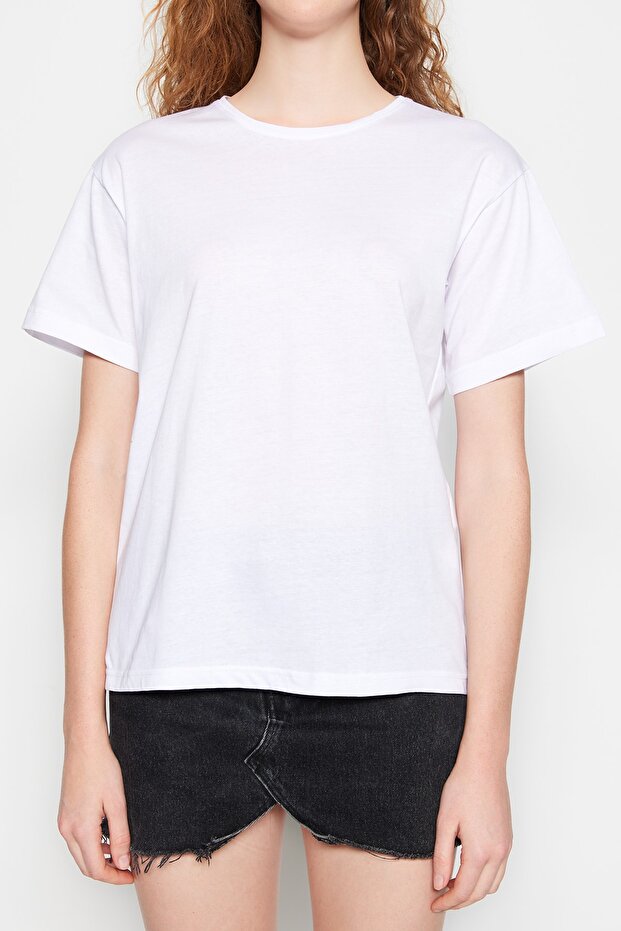 Beyaz %100 Pamuk Bisiklet Yaka Oversize/Geniş Kalıp Örme T-Shirt TWOSS20TS0134 - 13