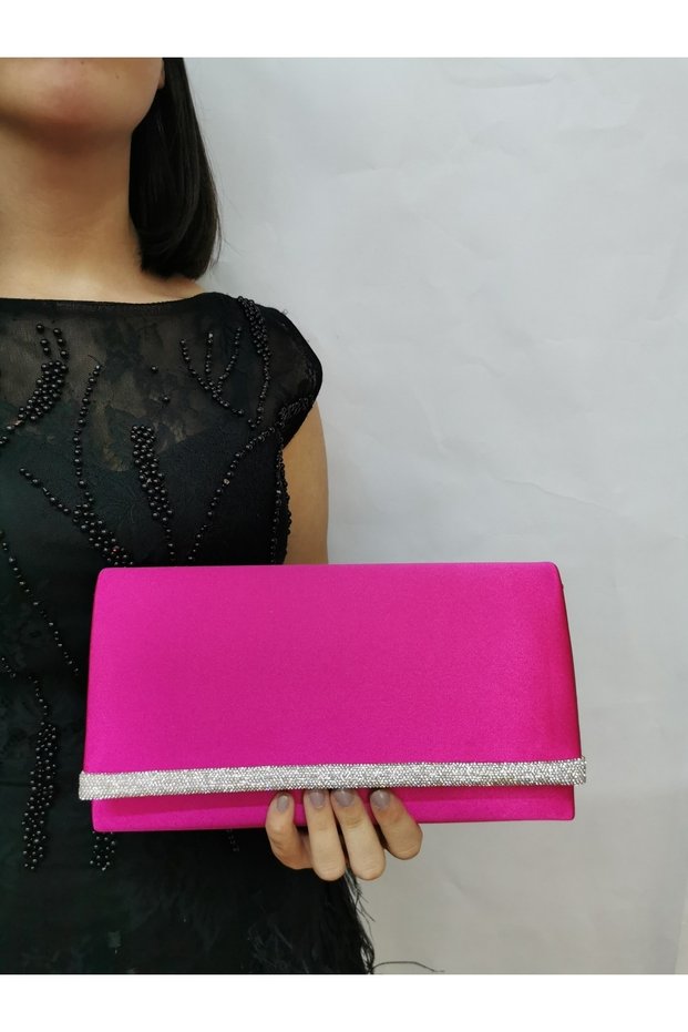 Women's Satin Stoned Fuchsia Evening Dress Clutch Portfolio Handbag Wedding Engagement Bag