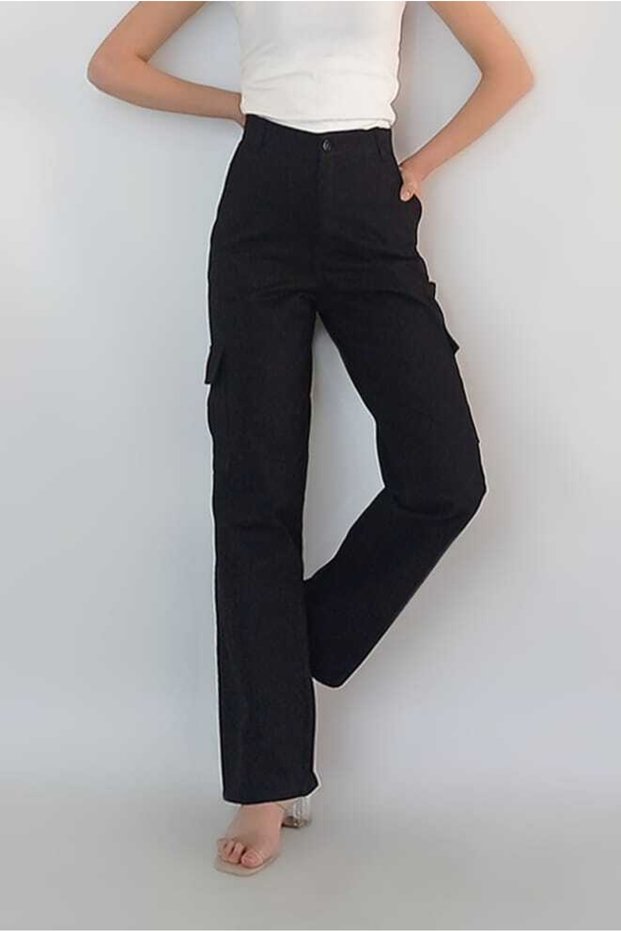 Women's Black Cargo Pocket Gabardine Trousers Yy101071