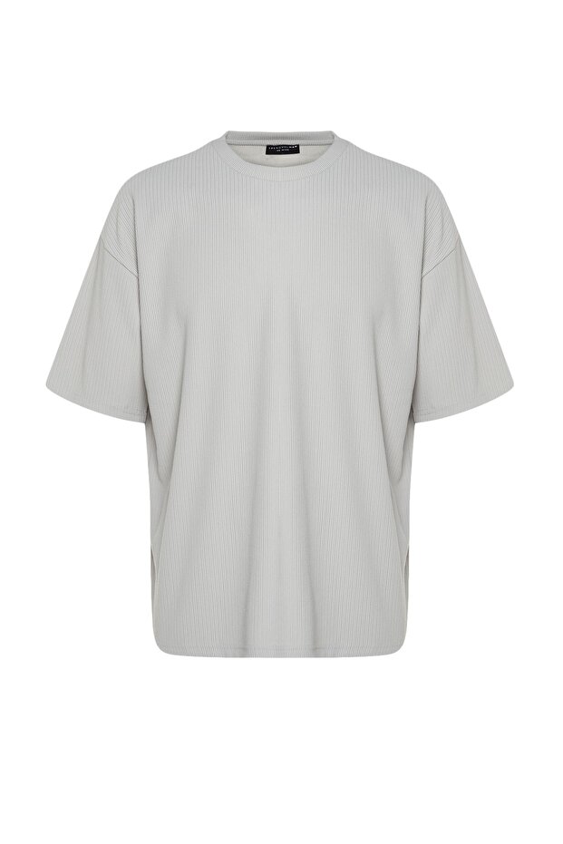 Basic Gri Oversize/Geniş Kesim Dokulu Kırışmaz Ottoman T-Shirt TMNSS23TS00081 - 8