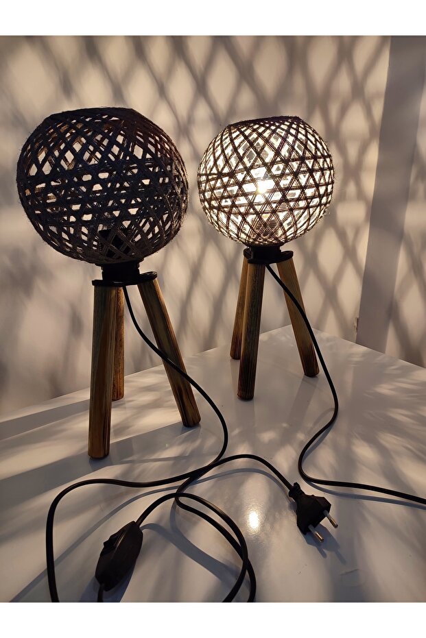 Ahşap Üç Ayak Jüt Başlık 2li Abajur - 1