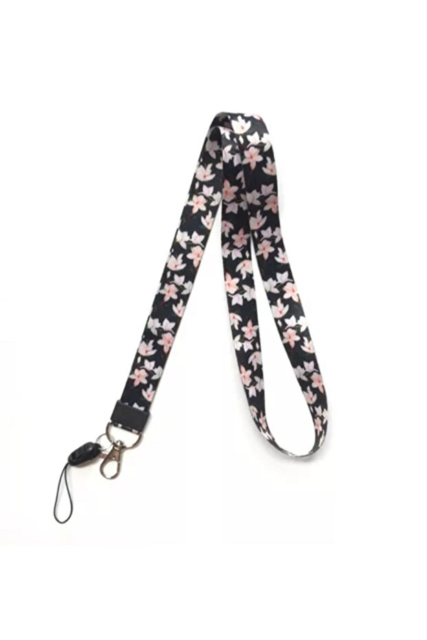 White Flower Black Background Neck Strap Lanyard ID Badge ID Card Holder