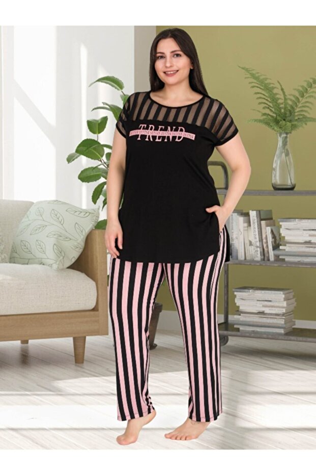 Women's Black Striped Large Size Pocket Pajama Set