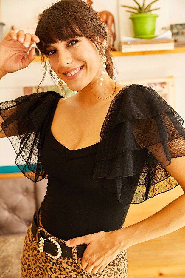 Women's Black Sleeve Tulle Detailed Blouse BLZ-19001048