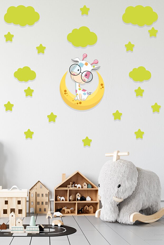 Cute Giraffe on the Moon Green Clouds And Green Stars Decorative Sticker