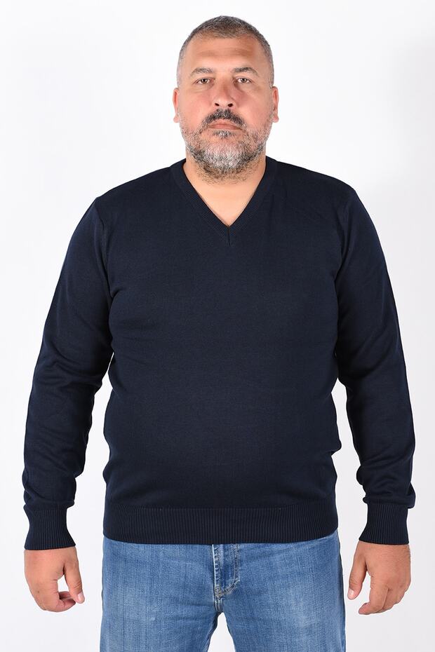 Men's Navy Blue Large Size V-Neck 100% Cotton Sweater Trist-2102