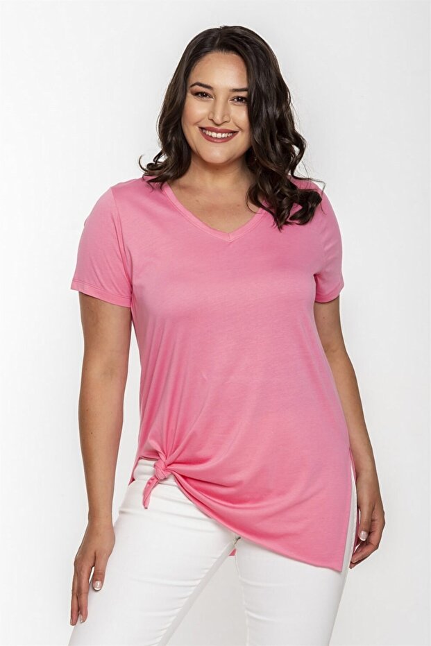 V Yaka Yırtmaçlı Basic Tshirt-pembe - 1