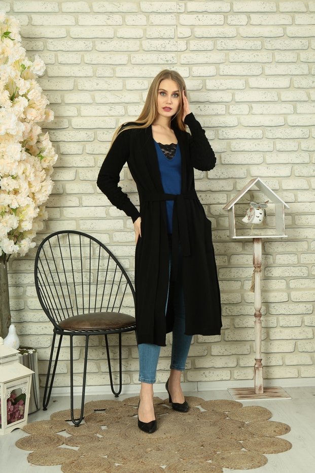 Women's Black Knitwear Belted Sleeve Detailed Cardigan