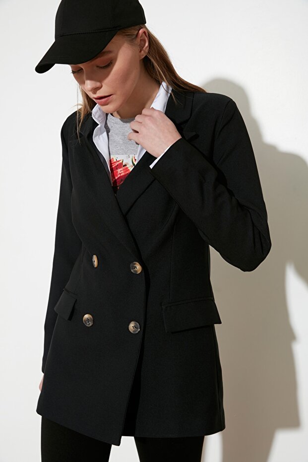 Siyah Oversize Astarlı Kruvaze Kapama Dokuma Blazer Ceket TWOAW21CE0145 - 3