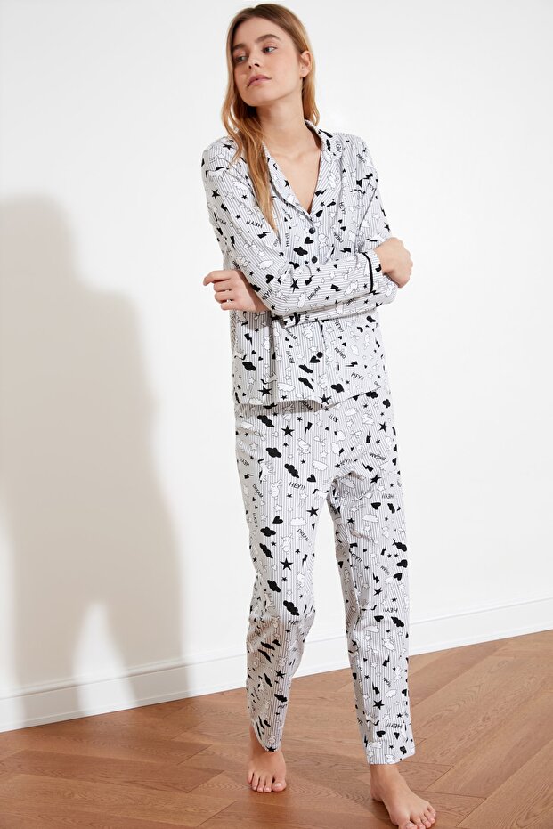 Knitted Gray Patterned Pajama Set - THMAW21PT0863 - 16
