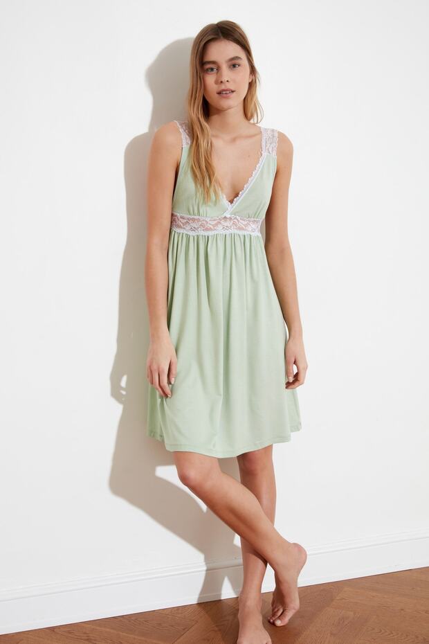 Mintfarbenes, gerüschtes, gestricktes Nachthemd - 4