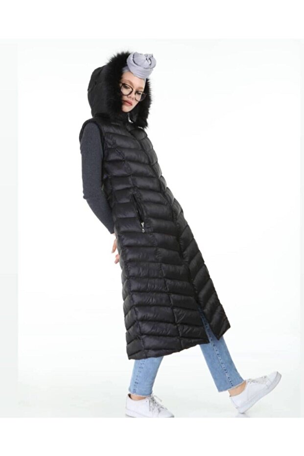 Kadın Uzun Kapuşonlu Basıc Şişme Yelek - 1