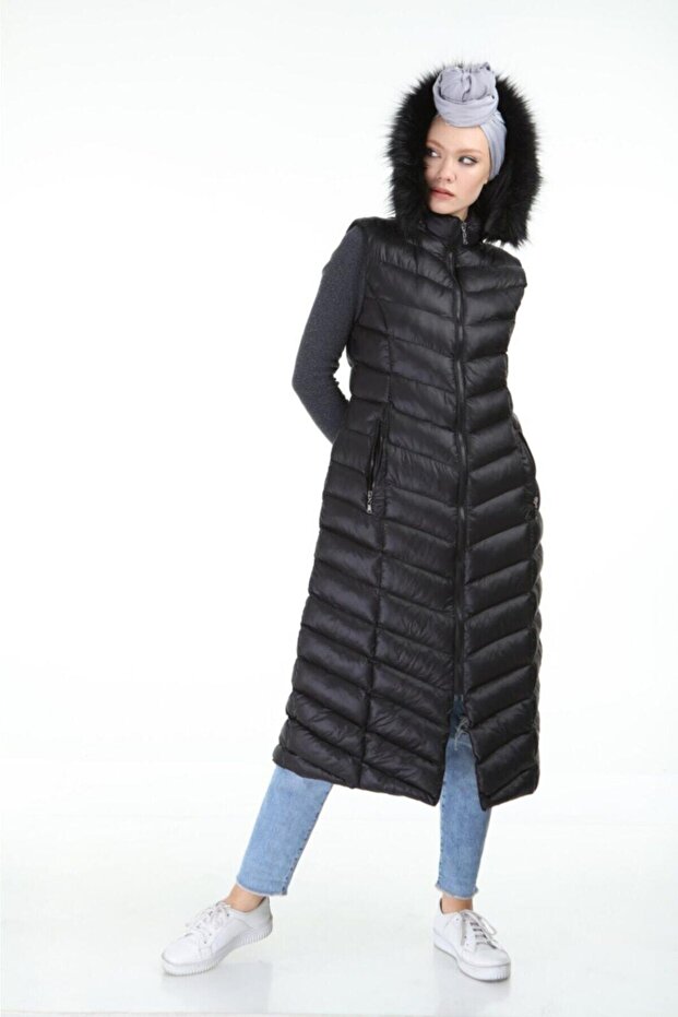 Kadın Uzun Kapuşonlu Basıc Şişme Yelek - 4