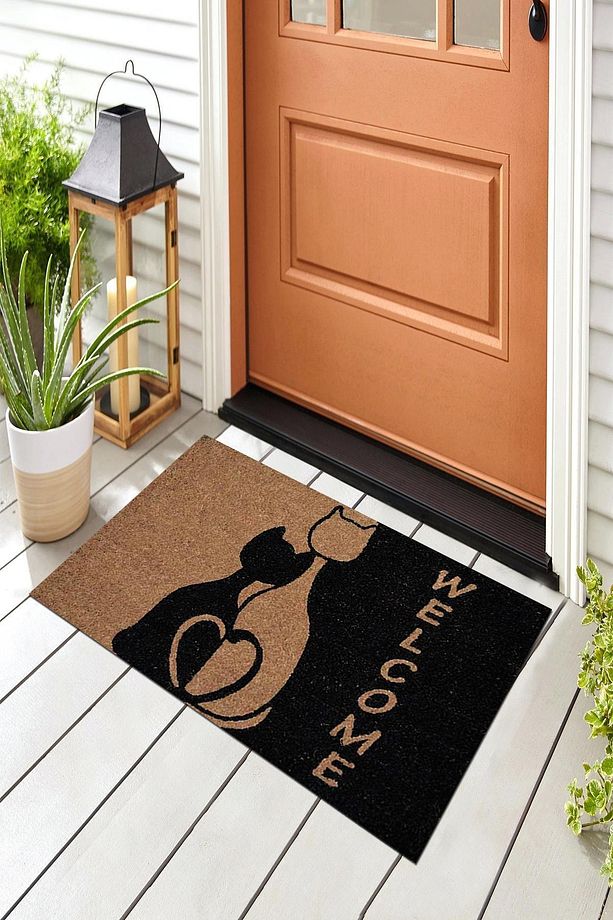 Siyah Dekoratif  Welcome Çift Kedi Kapı Önü Paspası - 1