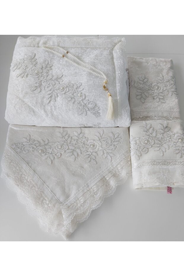 Cream Velvet French Laced Prayer Rug Set 5 Pieces