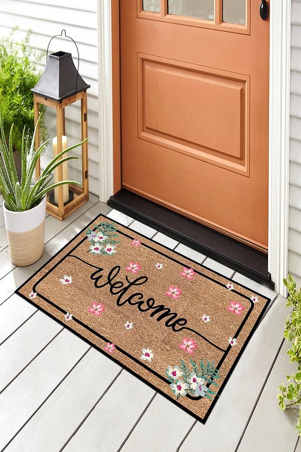 Dekoratif Kapı Önü Paspası Welcome Pembe Çiçek - 5
