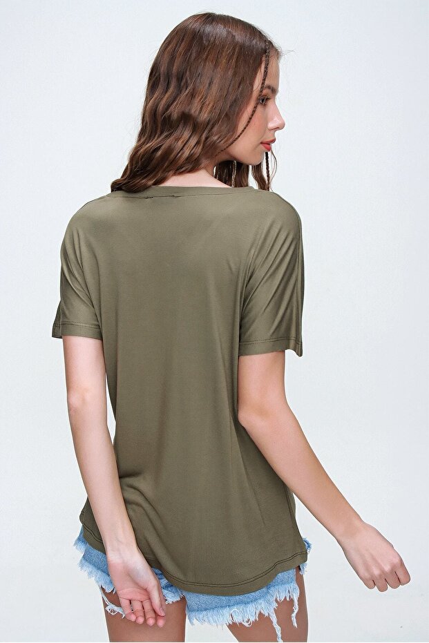 Kadın Haki V Yaka Basic Örme T-shirt - 5