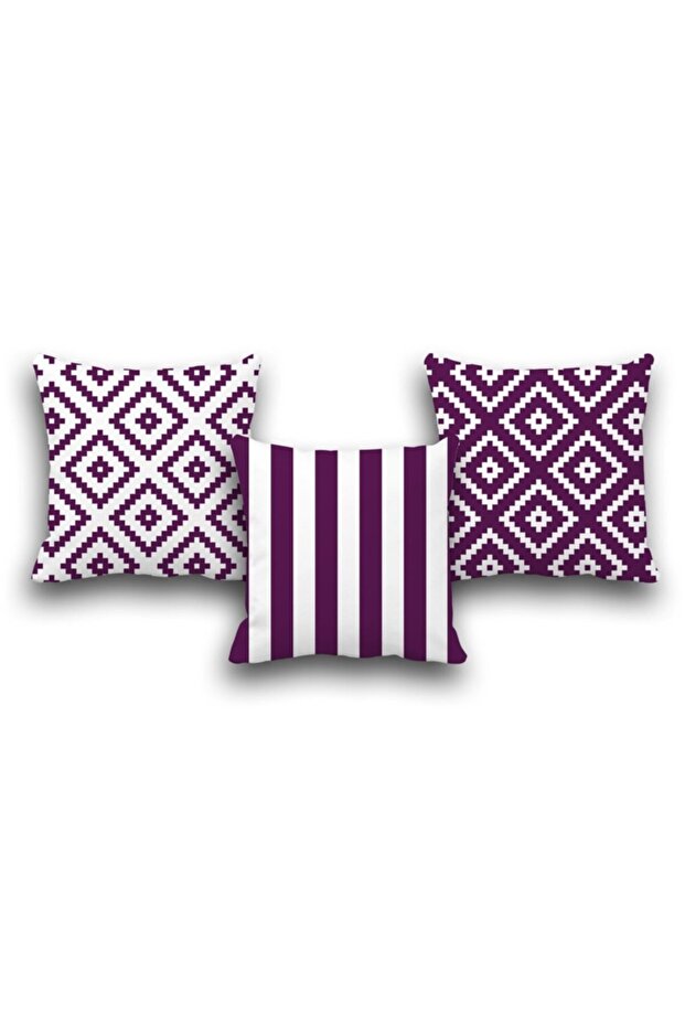 Double Sided Set of 3 Purple Geometry Pattern Digital Printed Throw Pillow Cover