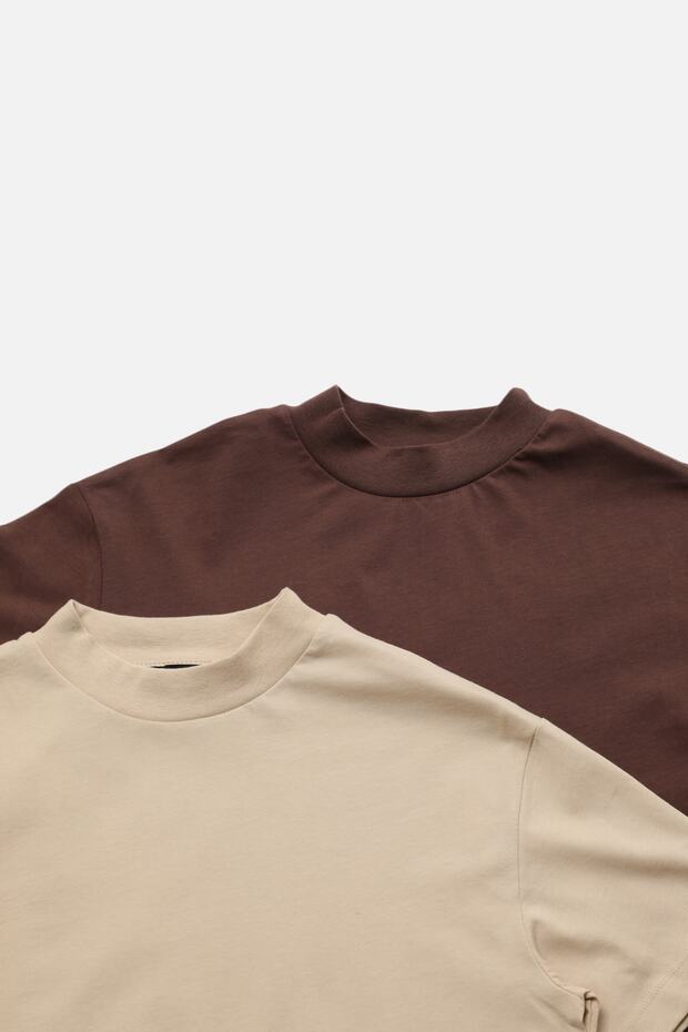 Kahverengi-Bej 2'li Paket %100 Pamuk Basic Dik Yaka Örme T-Shirt TWOSS20TS1500 - 15
