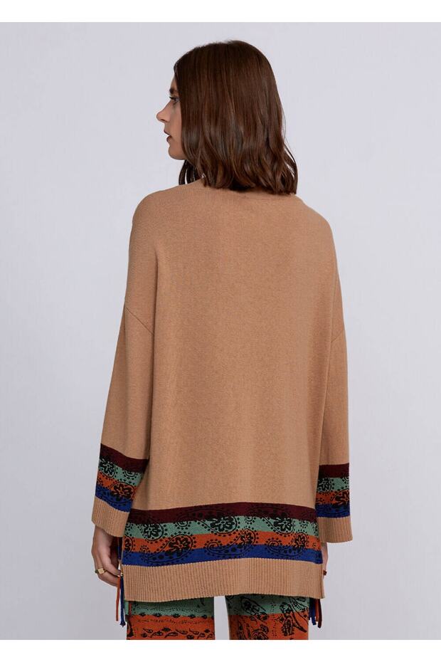 Kaşmir Yün Karışımlı V Yaka Camel Triko Tunik - 3