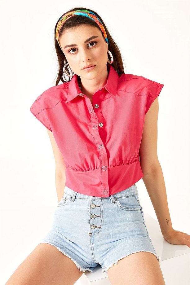 Kadın Sıfır Kol Crop Poplin Gömlek Fuşya - 3