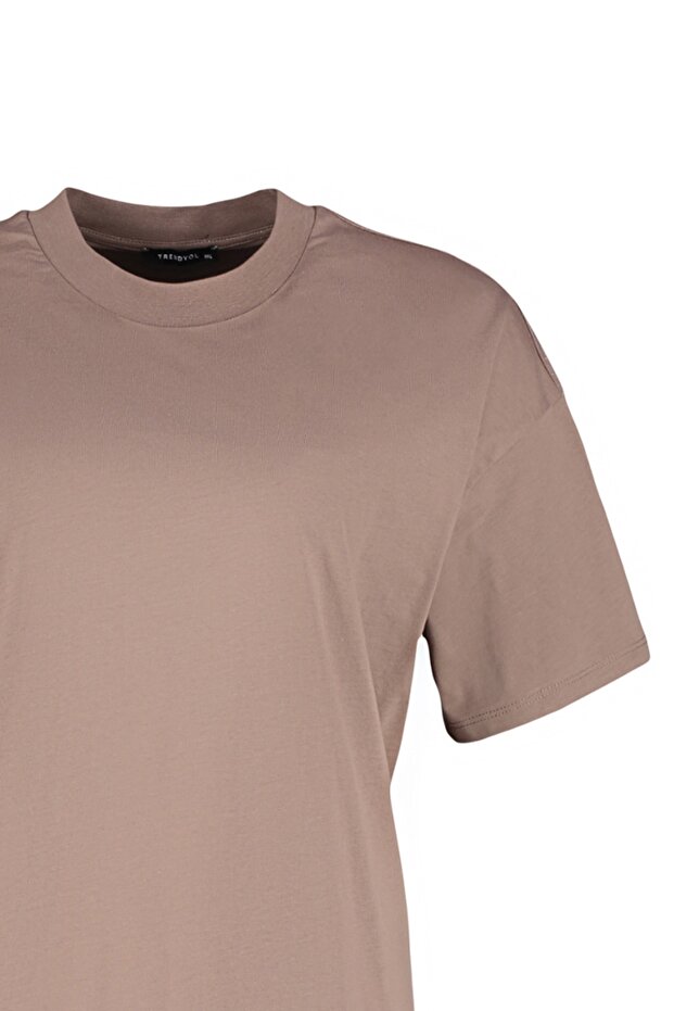 Kahverengi Yaka Ribanalı Geniş Kalıp Basic %100 Pamuk Örme T-shirt TBBSS23BF00017 - 8