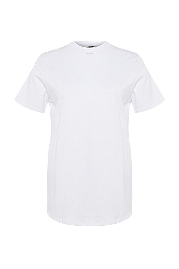 Beyaz Lacivert Yakası Ribanalı Relaxed %100 Pamuk Örme T-shirt TBBSS23BF00019 - 8