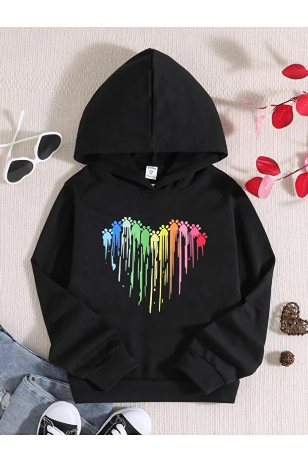 Rainbow Heart Girls/Boys Black Hooded Sweatshirt
