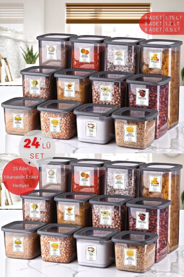 Set of 24 Unbreakable Square Food Storage Container with Label Anthracite X8 1.75 Lt/1.2 Lt/0.5 Lt - 1