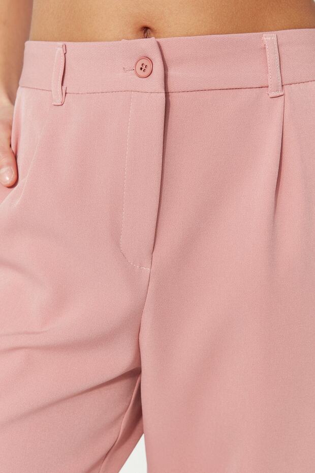 Gül Kurusu Yüksek Bel Wide Leg/Geniş Paça Pilili Dokuma Kumaş Pantolon TWOAW21PL0076 - 5