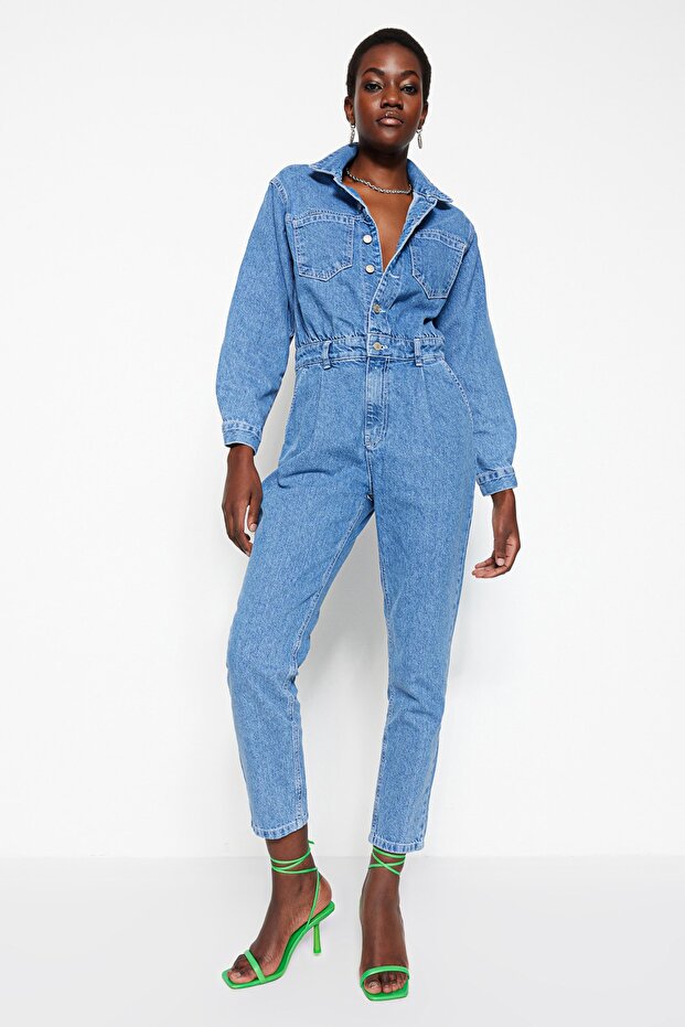 Mavi Bel Detaylı Denim Tulum TWOAW23TU00065 - 1