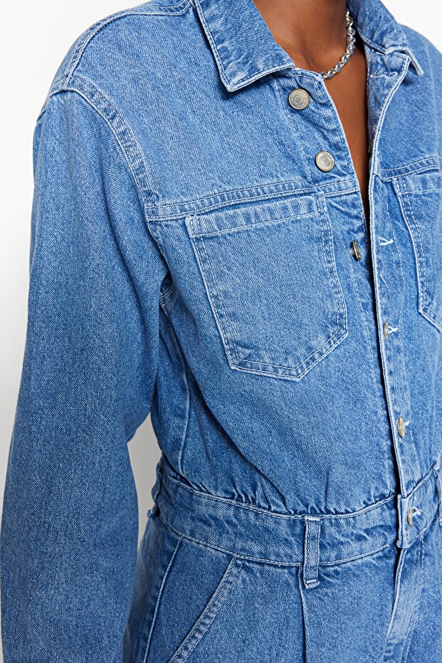 Mavi Bel Detaylı Denim Tulum TWOAW23TU00065 - 6