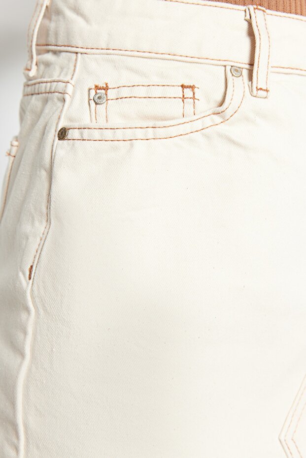 Ekru Basic Düz Yüksek Bel Denim Etek TWOSS20ET0181 - 9