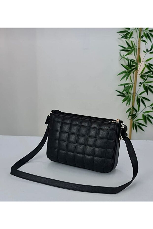 Three Compartment Quilted Bag Black