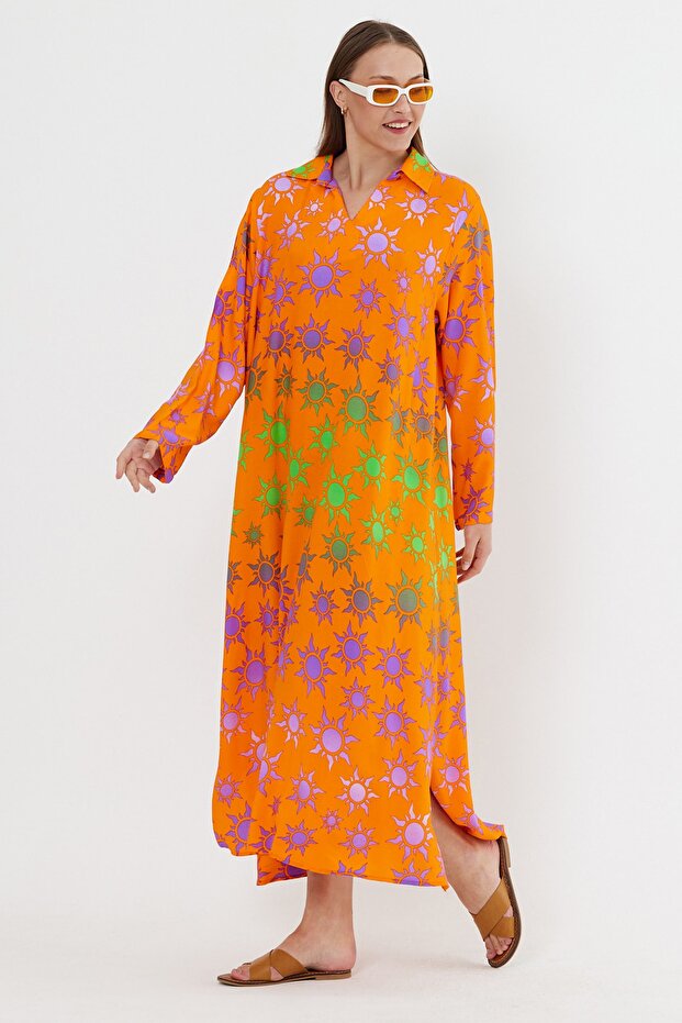 Women's Orange Sun Patterned Comfortable Cut Dress