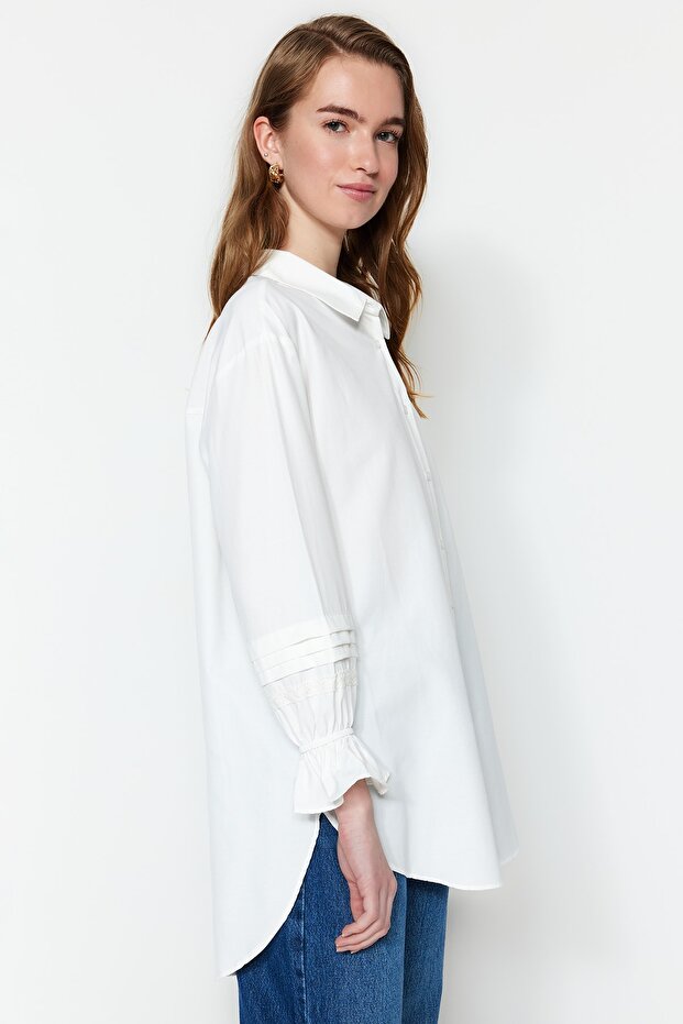 Ekrü hímzett pamut ing TCTSS23TG00033 - 5